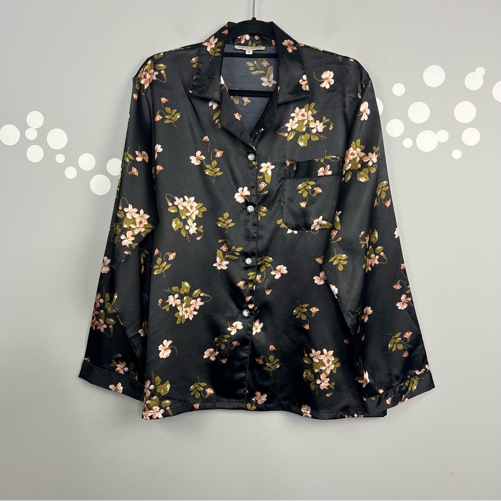 Tony & Candice Black Floral Satin Sleep Top Size L Button Down Pajama Loungewear